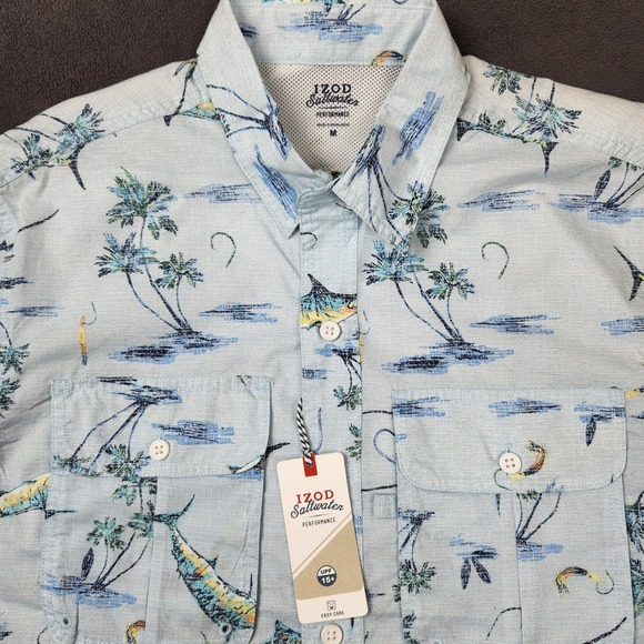 IZOD Saltwater Performance Beach Shirt Palm Tree Marlin Fishing Mens Medium - Picture 1 of 12